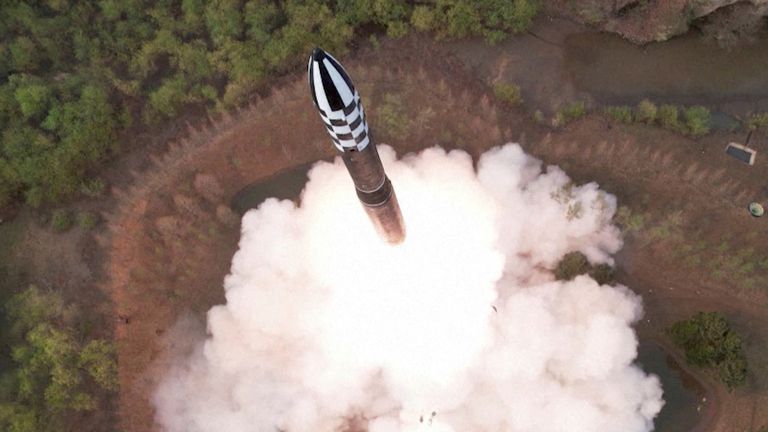 A view of a test launch of a new solid-fuel intercontinental ballistic missile (ICBM) Hwasong-18 at an undisclosed location