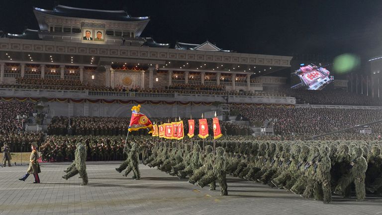 Troops take part in a military parade to mark the 75th founding anniversary of North Korea&#39;s army, in Pyongyang, North Korea February 8, 2023, in this photo released by North Korea&#39;s Korean Central News Agency (KCNA). KCNA via REUTERS ATTENTION EDITORS - THIS IMAGE WAS PROVIDED BY A THIRD PARTY. REUTERS IS UNABLE TO INDEPENDENTLY VERIFY THIS IMAGE. NO THIRD PARTY SALES. SOUTH KOREA OUT. NO COMMERCIAL OR EDITORIAL SALES IN SOUTH KOREA.
