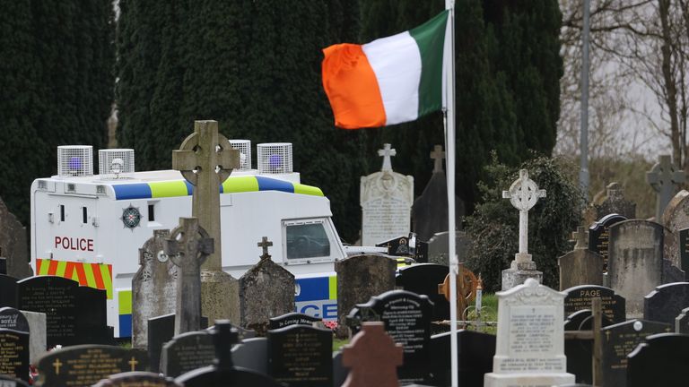  A PSNI vehicle inside Derry City Cemetery, which is temporarily closed as Army Technical Officers check for devices, following a dissident Republican parade in the Creggan area of Londonderry on Easter Monday. Picture date: Tuesday April 11, 2023.