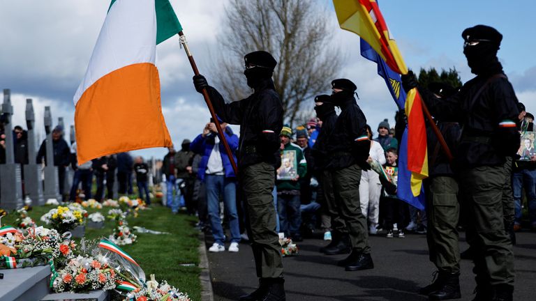 Members of nationalist group Dissident republicans read the proclamation of the Irish Republic at a cemetery, during an anti-agreement rally on the 25th anniversary of the peace deal, in Londonderry, Northern Ireland, April 10, 2023. REUTERS/Clodagh Kilcoyne
