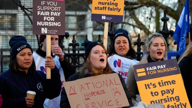 Nurses on the picket line in February. Pic: AP