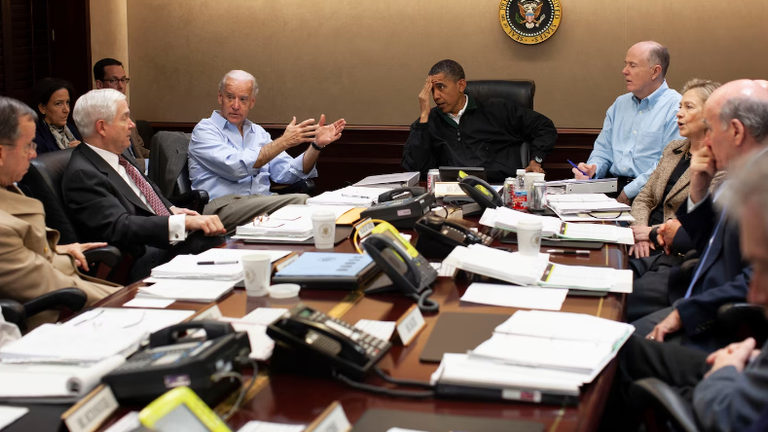 President Barack Obama, top of the table, is joined by members of his national security team including Vice President Joe Biden, top left, and Secretary of State Hillary Clinton, third from right. Pic: Obama Presidential Library at t President Barack Obama, national security adviser Tom Donilon, Secretary of State Hillary Clinton and White House Chief of Staff Bill Daley.