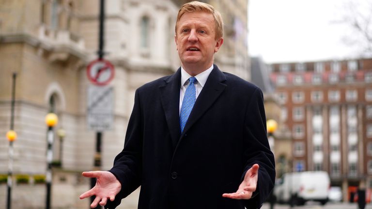 Chancellor of the Duchy of Lancaster, Oliver Dowden smiles as he leaves BBC Broadcasting House in London after appearing on BBC One's current affairs program with Laura Kuenssberg on Sunday.  Photo date: Sunday, March 19, 2023.