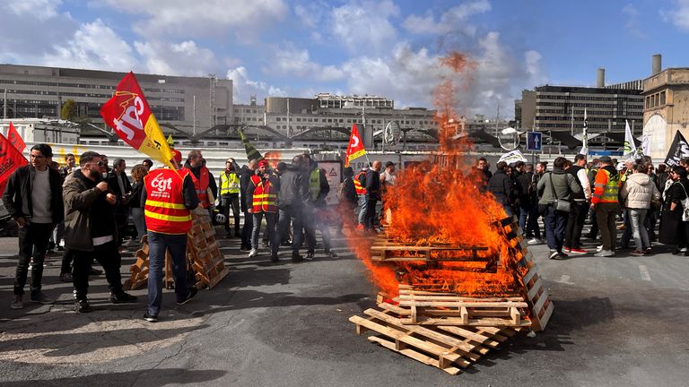 SNCF transport workers in central Paris on Thursday 