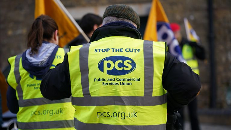Members of the Public and Commercial Services (PCS) union on the picket line outside the Passport Office in east London, as more than 1,000 members of the PCS working in passport offices in England, Scotland and Wales begin a five week strike as part of the civil service dispute. Picture date: Monday April 3, 2023. 