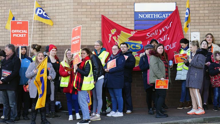 Members of the PCS union on the picket line outside the Passport Office in Glasgow, as more than 1,000 members of the Public and Commercial Services (PCS) union working in passport offices in England, Scotland and Wales begin a five week strike as part of the civil service dispute. Picture date: Monday April 3, 2023.
