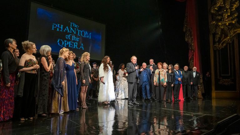 Andrew Lloyd Webber and the cast of "The Phantom of the Opera" appear at the curtain call following the final Broadway performance at the Majestic Theatre on Sunday, April 16, 2023, in New York. (Photo by Charles Sykes/Invision/AP)