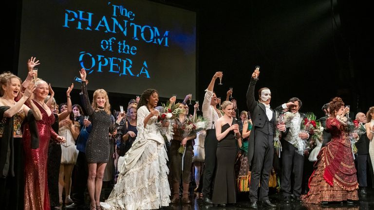 "The Phantom of the Opera" cast appear at the curtain call following the final Broadway performance at the Majestic Theatre on Sunday, April 16, 2023, in New York. (Photo by Charles Sykes/Invision/AP)