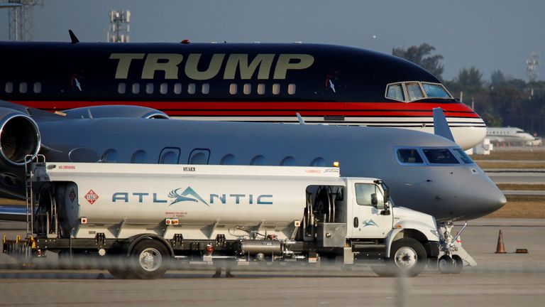 The plane of former U.S. President Donald Trump is seen parked at the Palm Beach International Airport