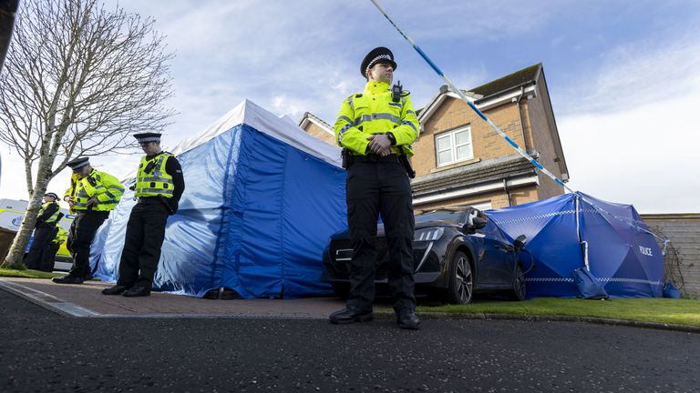 Officers from Police Scotland outside the home of former chief executive of the Scottish National Party (SNP) Peter Murrell, in Uddingston, Glasgow, after he was "released without charge pending further investigation", after he was arrested on Wednesday as part of a probe into the party&#39;s finances. Picture date: Thursday April 6, 2023.
