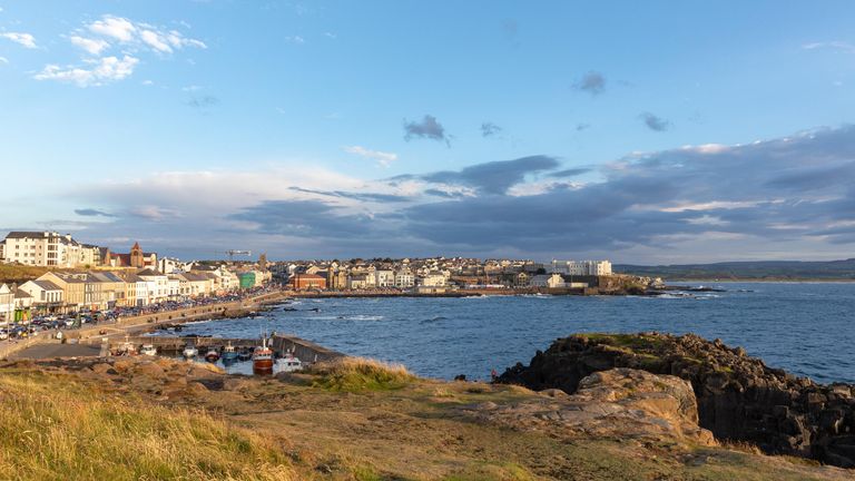 Portstewart, Co. Derry, Northern Ireland. View of prom and harbour from the headland, early summer evening landscape picture
