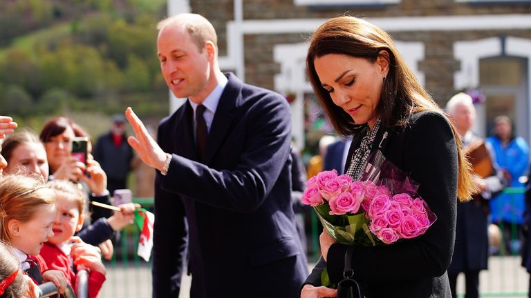 The Prince and Princess of Wales during a visit to the Aberfan memorial garden, to pay their respects to those who lost their lives during the Aberfan disaster on October 21st 1966. Picture date: Friday April 28, 2023.
