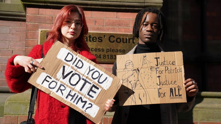 Protesters outside York Magistrates&#39; Court, where Patrick Thelwell is charged with threatening behaviour after eggs were thrown at King Charles III during his visit to York on November 9. Picture date: Friday April 14, 2023.
