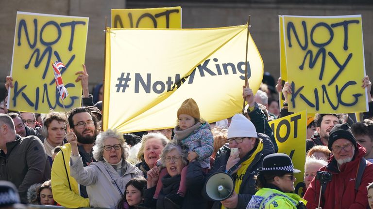 People protest ahead of King Charles III and the Queen Consort attending the Royal Maundy Service at York Minster on 6 April 2023