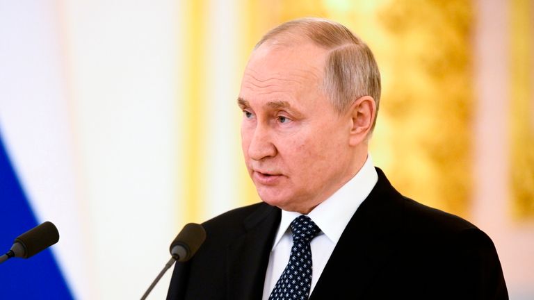 Russian President Vladimir Putin delivers a speech as he attends a ceremony to receive credentials from newly appointed foreign ambassadors to Russia, at the Kremlin, in Moscow, Russia, Wednesday, April 5, 2023. (Vladimir Astapkovich, Sputnik, Kremlin Pool Photo via AP)