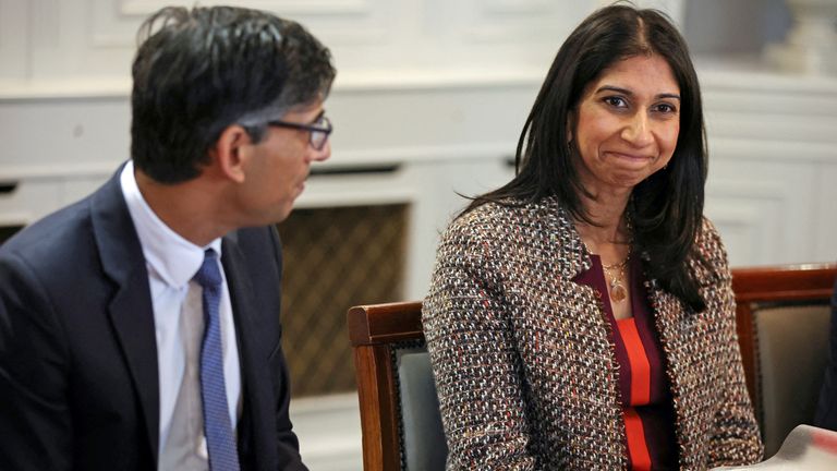 Prime Minister Rishi Sunak and Home Secretary Suella Braverman during a visit to a hotel in Rochdale, Greater Manchester, for a meeting of the Grooming Gangs Taskforce. Picture date: Monday April 3, 2023.