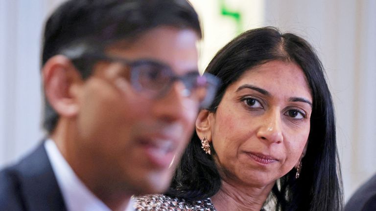 Prime Minister Rishi Sunak and Home Secretary Suella Braverman during a visit to a hotel in Rochdale, Greater Manchester, for a meeting of the Grooming Gangs Taskforce. Picture date: Monday April 3, 2023.