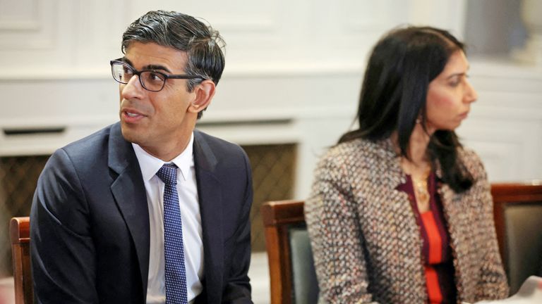 Prime Minister Rishi Sunak and Home Secretary Suella Braverman during a visit to a hotel in Rochdale, Greater Manchester, for a meeting of the Grooming Gangs Taskforce. Picture date: Monday April 3, 2023.