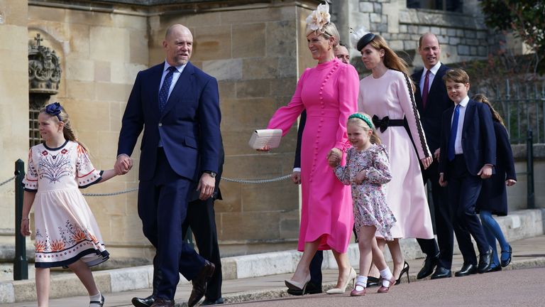 Mike Tindall and Mia Tindall with Zara Tindall and Lena Tindall (front) attending the Easter Service. Pic: PA