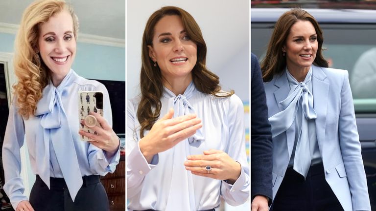 Danielle wearing an outfit worn by Princess Catherine during a visit to Northern Ireland