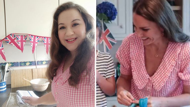 Saskia wearing the same blouse worn by the Duchess during the Platinum Jubilee. Pics: Saskia / Twitter: @KensingtonRoyal