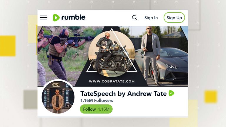 Andrew Tate&#39;s main Rumble account is not as popular as his Twitter profile. Pic: Rumble