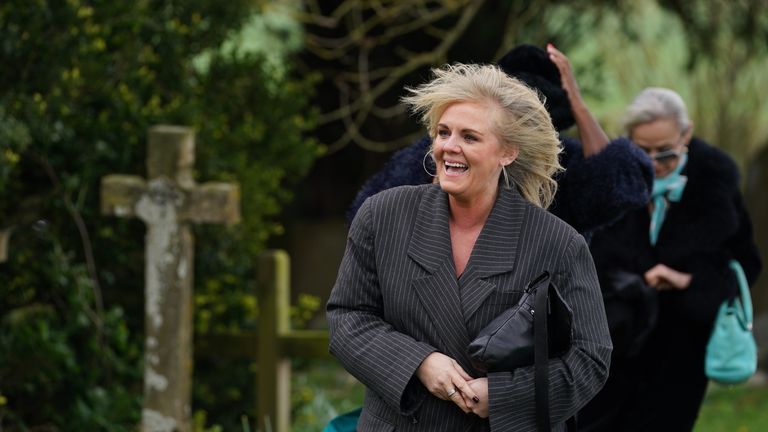 Coronation Street star Sally Lindsay arriving for the funeral of Paul O&#39;Grady at St Rumwold&#39;s Church in Aldington, Kent. Picture date: Thursday April 20, 2023.