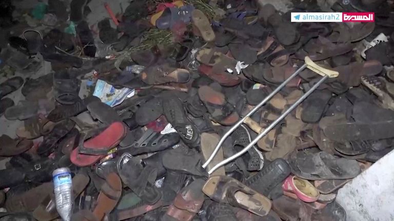 Abandoned footwear and other belongings lie on the ground after a stampede in Sanaa, Yemen,
Pic:Al Masirah?Reuters