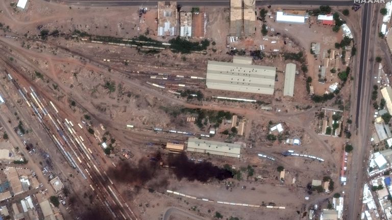 Satellite image shows fires and smoke at Khartoum Railway authority in Khartoum, Sudan 