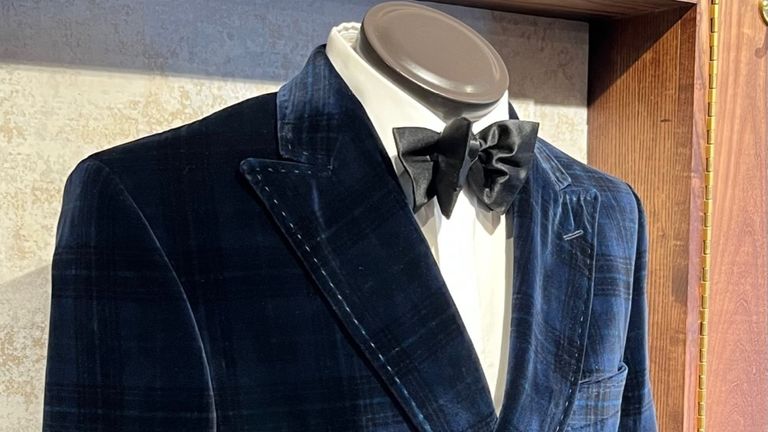 Tailors from the Savile Row Company have designed the bespoke double-breasted jacket, made using a velvet fabric and with a Union flag print lining.