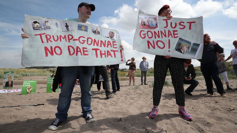 Trump protestors on the beach near to the Trump Turnberry resort in South Ayrshire, where US President Donald Trump and first lady Melania Trump are spending the weekend.