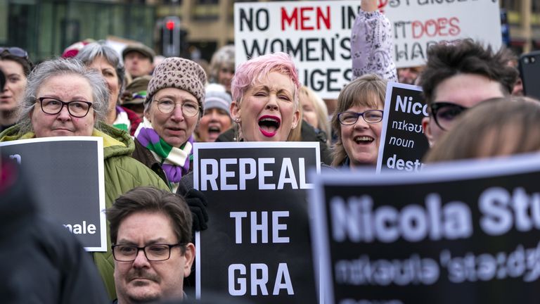 Demonstrators take part in the Let Women Speak rally organised by the group Standing for Women in George Square, Glasgow, in support of the UK Governement's use of a Section 35 order to block Scotland's recent Gender Recognition Reform Bill on the grounds that it will impede the operation of the UK Equality Act. Picture date: Sunday February 5, 2023.