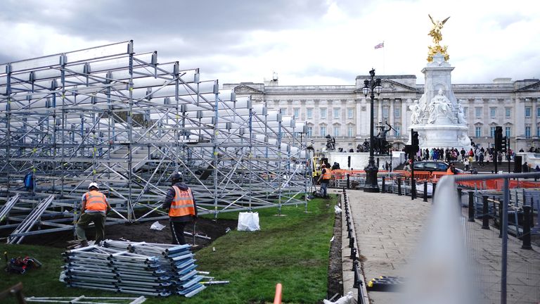 Seating being erected on The Mall outside Buckingham Palace, central London, ahead of King Charles III&#39;s Coronation.
