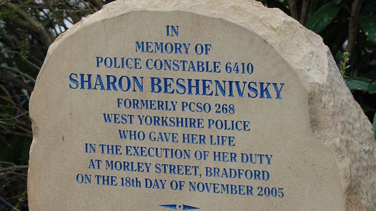 A memorial for WPC Sharon Beshenivsky following its unveiling during a memorial service in Bradford.
