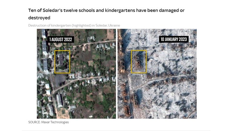 Soledar'ın on iki okulundan ve anaokulundan on tanesi hasar gördü veya yıkıldı