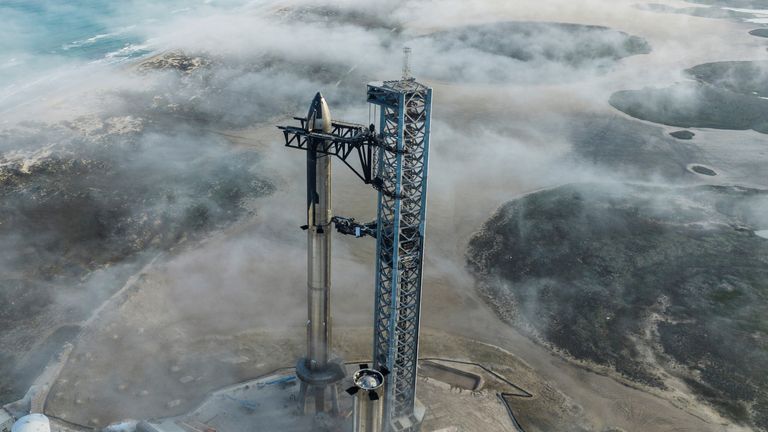 The full stack for SpaceX Starship is seen on the launch pad near Brownsville, Texas, U.S., on Jan. 9, 2023.  SpaceX/Handout from Reuters. Resale prohibited. There is no file. This image is provided by a third party.