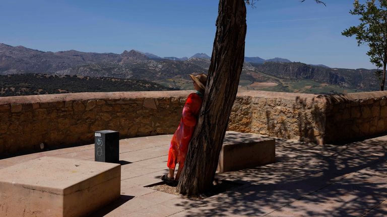 A tourist leans on a tree under its shadow as she looks at the landscape in a park during unusually high temperatures in Ronda, Spain April 25, 2023. REUTERS/Jon Nazca