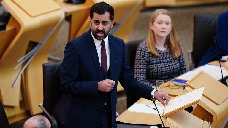 First Minister Humza Yousaf delivers his first major policy statement, setting out the priorities for his premiership, in the main chamber of the Scottish Parliament in Edinburgh. Picture date: Tuesday April 18, 2023.

