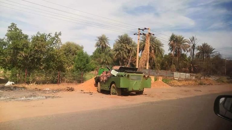 Marwan saw several abandoned army vehicles on the road out of Khartoum. 