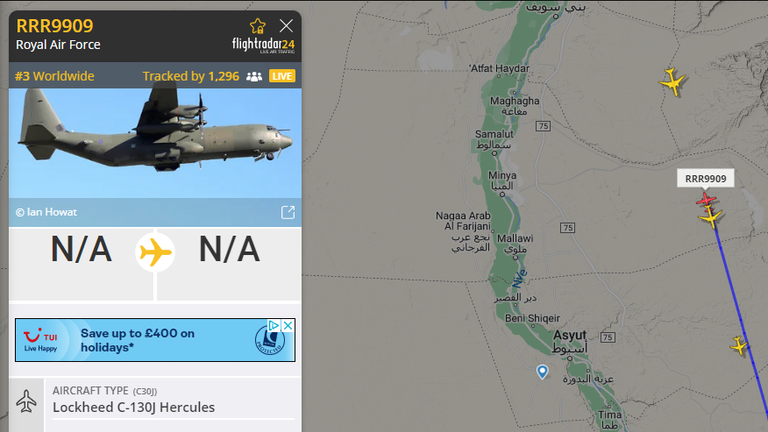 An RAF Hercules was tracked leaving Sudan and heading towards Cyprus. Pic: Flightradar24