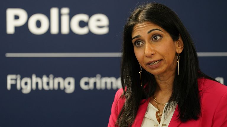 Home Secretary Suella Braverman during a visit to Northamptonshire Police&#39;s Giffard House Training Centre, in Northampton, to meet police recruits following the release of Home Office data confirming whether the target to recruit 20,000 police officers has been met. Picture date: Wednesday April 26, 2023.
