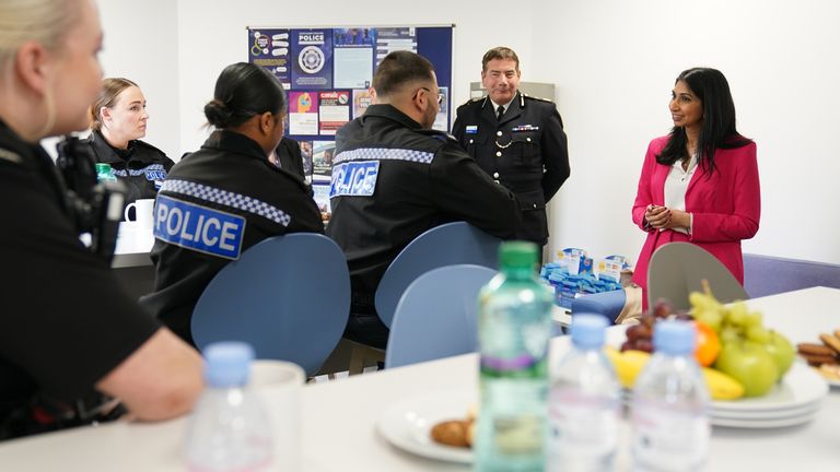 Home Secretary Suella Braverman meets police recruits during a visit to Northamptonshire Police&#39;s Giffard House Training Centre, in Northampton, following the release of Home Office data confirming whether the target to recruit 20,000 police officers has been met. Picture date: Wednesday April 26, 2023.
