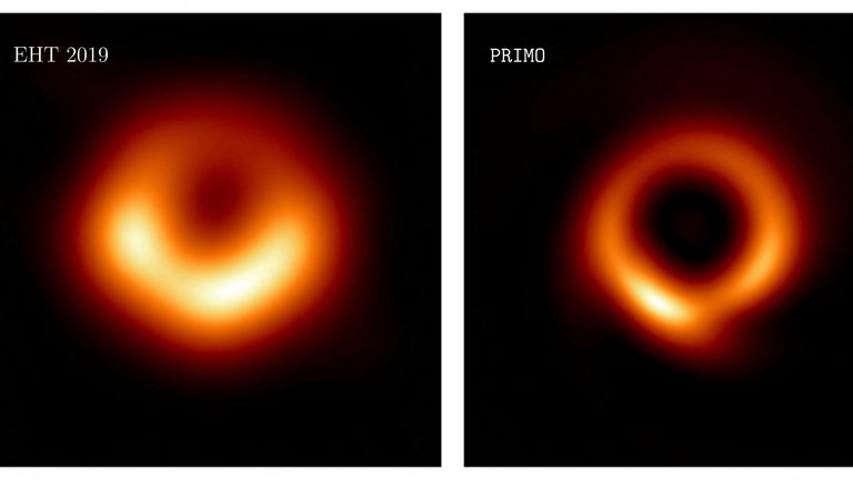 The image of the supermassive black hole in the galaxy M87 originally imaged by the Event Horizon Telescope (EHT) collaboration in 2019 is seen on the left; and new image generated by the PRIMO algorithm using the same data set is seen on the right, in this combination handout picture. Medeiros et al. 2023/Handout via REUTERS THIS IMAGE HAS BEEN SUPPLIED BY A THIRD PARTY. NO RESALES. NO ARCHIVES. MANDATORY CREDIT
