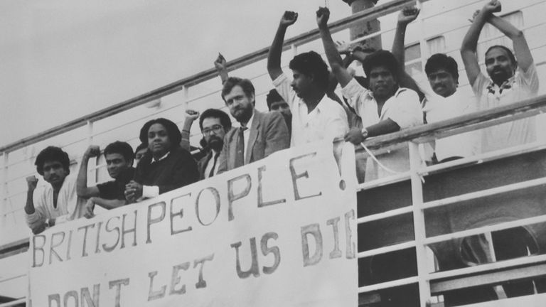 Hunger-striking Tamil refugees are joined on board the Government detention ship Earl William by Labour MPs Diane Abbott, Harry Cohen (centre) and Jeremy Corbyn. 