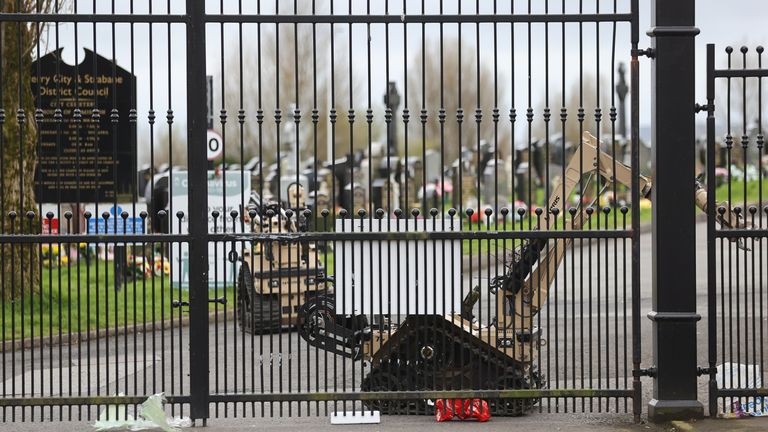 Army Technical Officers operate a remote bomb disposal robot to check for devices at Derry City Cemetery, following a dissident Republican parade in the Creggan area of Londonderry on Easter Monday. Picture date: Tuesday April 11, 2023.
