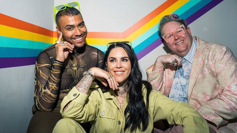 Teddy Edwardes (centre) co-hosts BBC3 show The Big Proud Party Agency. Pic: BBC