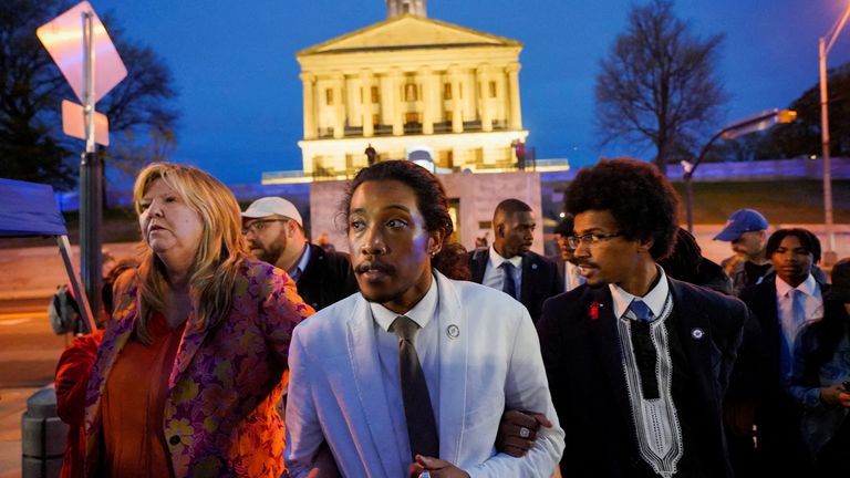 Rep. Justin Pearson, Rep. Justin Jones, and Rep. Gloria Johnson leave the Tennessee State Capitol 