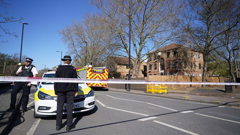 The scene on Tollgate Road in Beckton, Newham after a fire at a block of flats. A man has been arrested on suspicion of murder after one person, believed to be a woman, died in the blaze. Picture date: Friday April 7, 2023.

