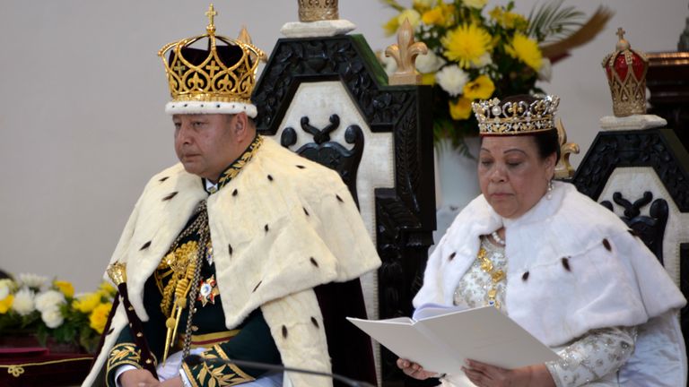 Newly crowned King Tupou VI and Queen Nanasipau&#39;u read to guests attending their coronation at Centenary Church in Nuku&#39;alofa, Tonga, Saturday, July 4, 2015.(Photo/Linny Folau/Magangi Tonga Via AP))