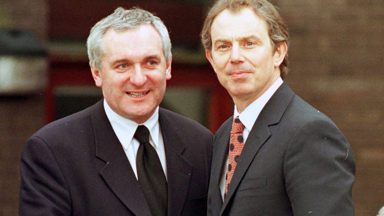 File photo dated 10/04/98 of then prime minister Tony Blair (right) and his then Irish counterpart Bertie Ahern, shaking hands outside Stormont, following the all party talks' agreement to a historic peace deal. Former taoiseach Bertie Ahern regards lingering instability of Northern Ireland's political institutions as one of his biggest regrets from the Good Friday Agreement talks. Issue date: Monday April 3, 2023.